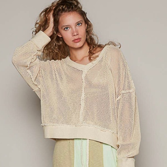 POL Sweaters - Anthro POL Small Cotton Woven Raw Seams OVERSIZED V-neck SWEATER